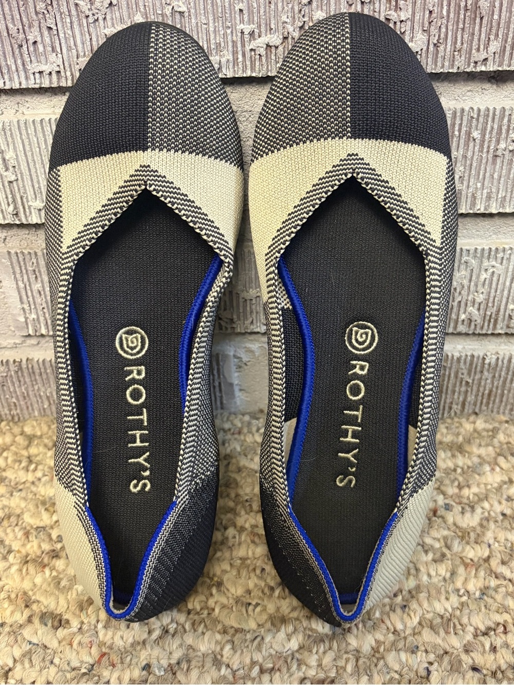 Rothy's Black and Cream Pointed Knit Flats with Blue Trim